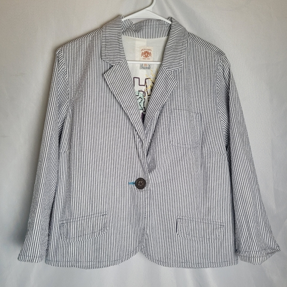 VTG Old Navy Cropped Seersucker 1 Button Blue/White Striped Blazer 3/4sleeve XL